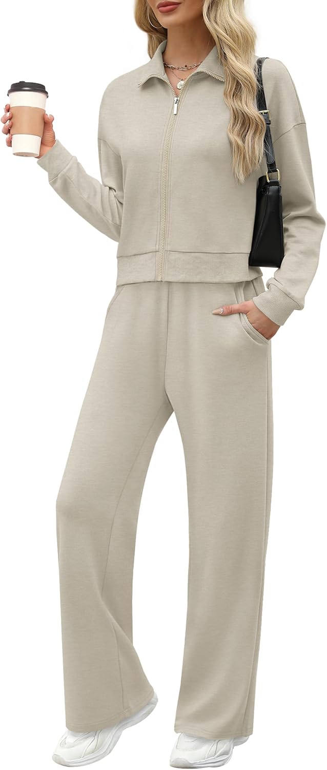XIEERDUO Lounge Sets for Women 2024 Sweatsuit 2 Piece Outfits Sweatshirt Wide Leg Sweatpant Tracksuit Matching Set