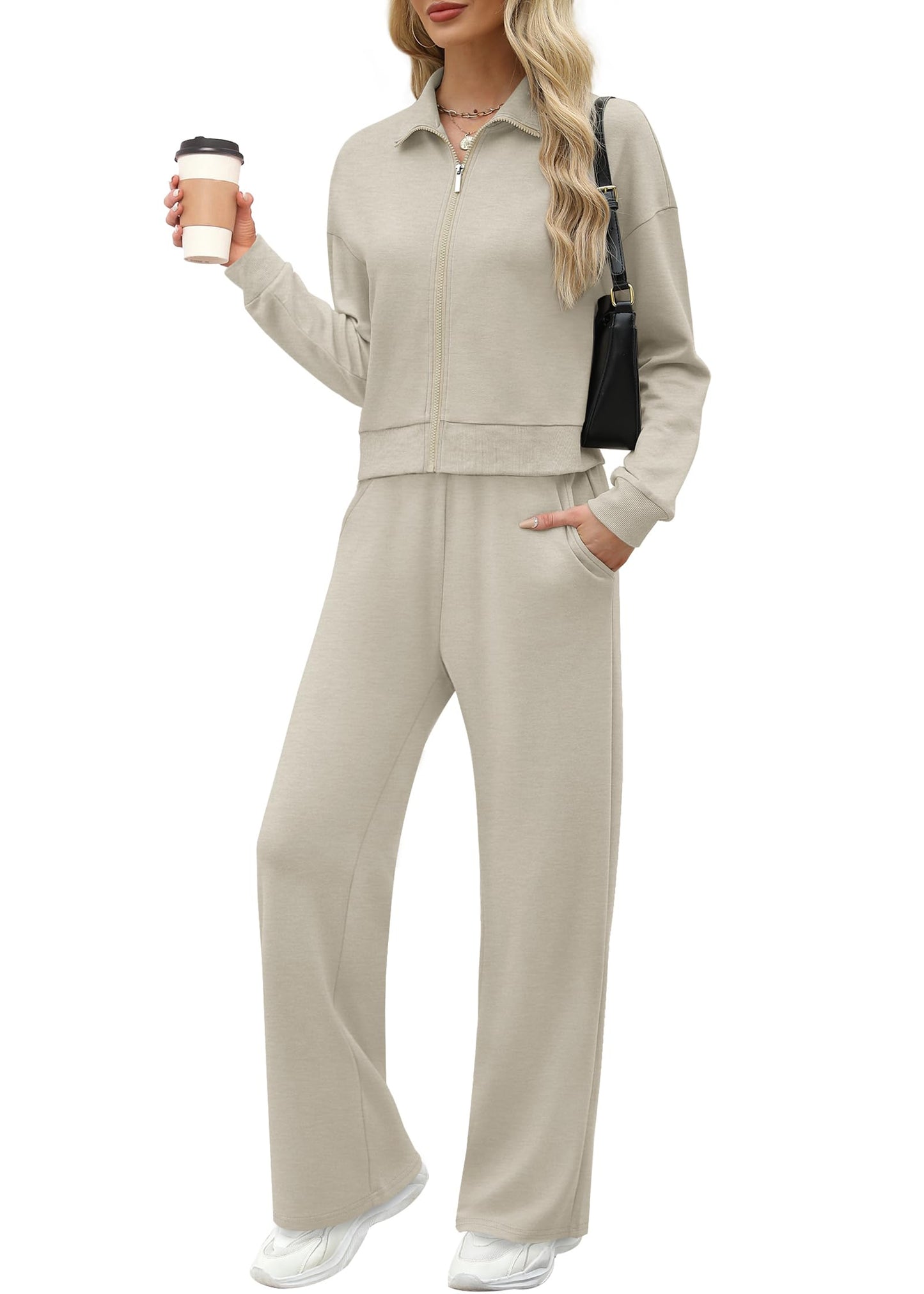XIEERDUO Lounge Sets for Women 2024 Sweatsuit 2 Piece Outfits Sweatshirt Wide Leg Sweatpant Tracksuit Matching Set