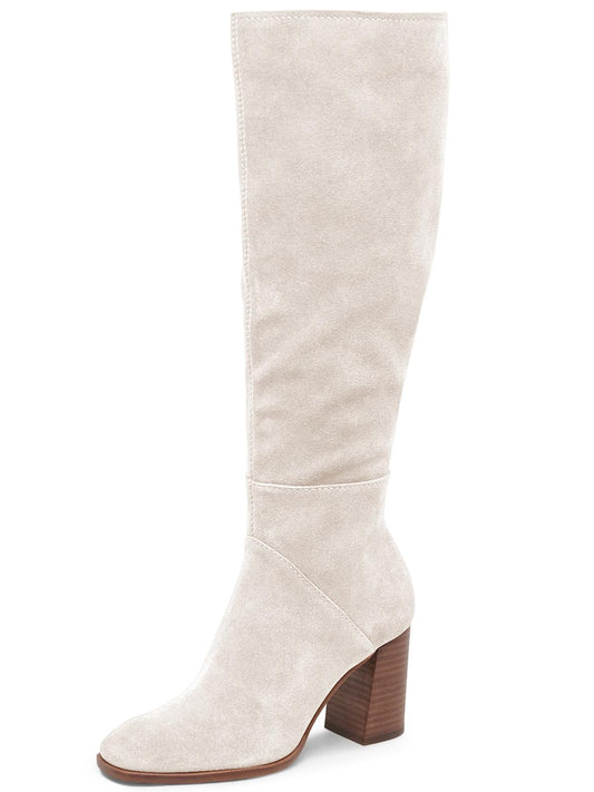 Coutgo Womens Knee High Boots Square Toe Chunky Block Heel Side Zipper Faux Suede Long Boots Fall Winter Shoes