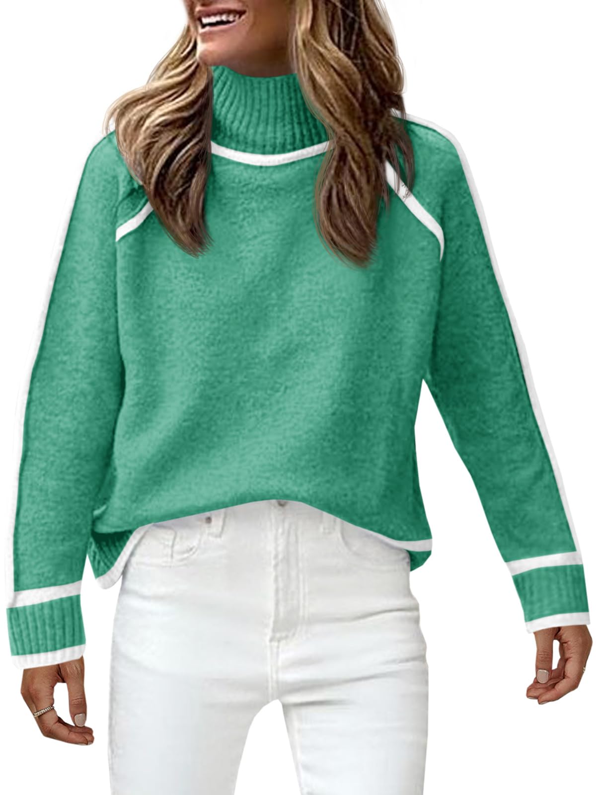 Saodimallsu Womens Turtle Mock Neck Pullover Sweater Color Block 2024 Fall Trendy Casual Knit Loose Long Sleeve Sweaters