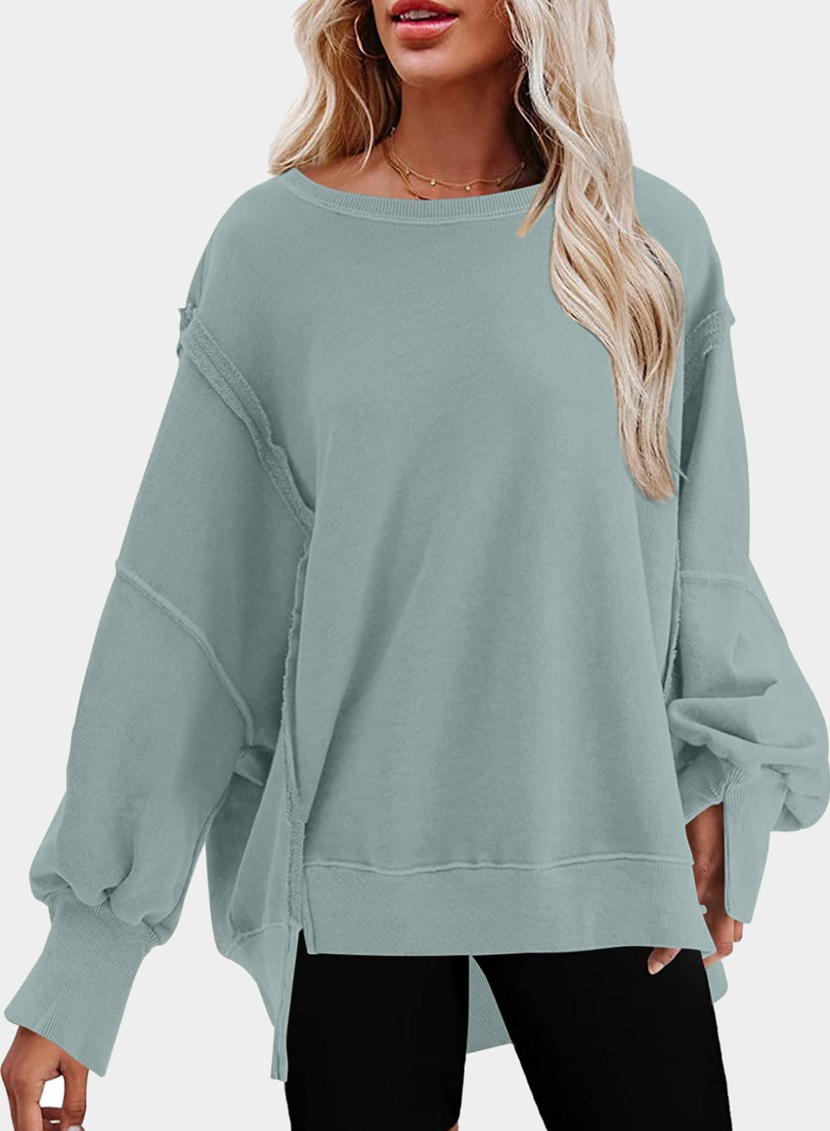 SHEWIN Womens Oversized Reverse Seam Sweatshirt Casual Long Sleeve Crewneck Lightweight Pullover Tops Loose Sweatshirts