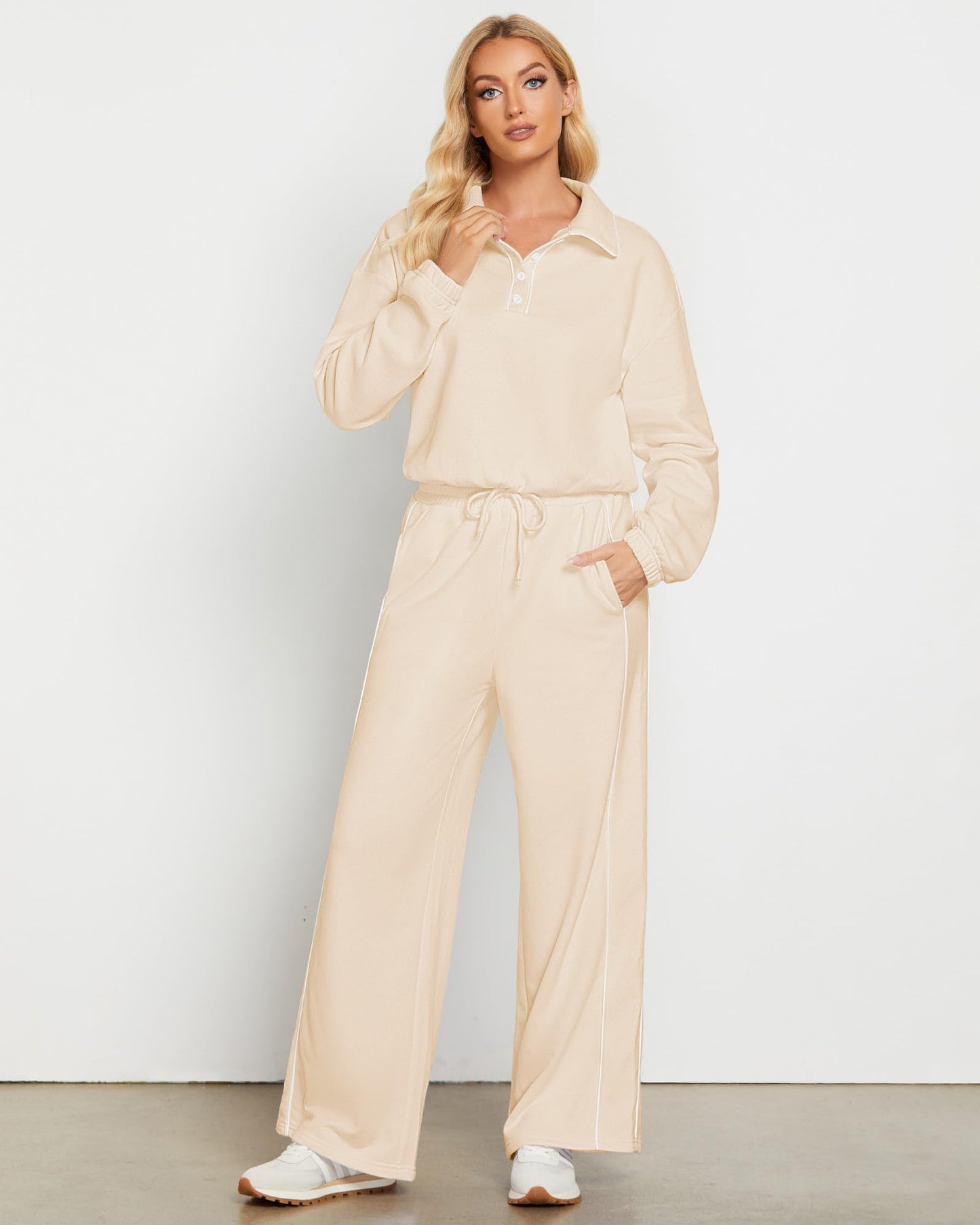 GRAPENT Sweatsuits Two Piece Sets for Women High Wasited Wide Leg Pants Fleece Button Pullover Sweatshirt Lounge Outfits