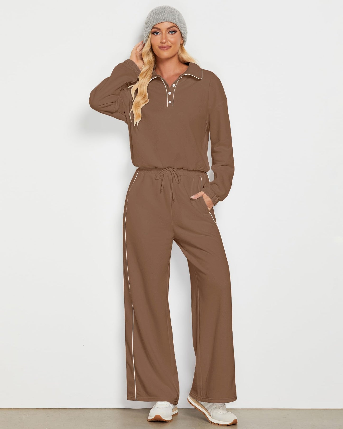 GRAPENT Sweatsuits Two Piece Sets for Women High Wasited Wide Leg Pants Fleece Button Pullover Sweatshirt Lounge Outfits