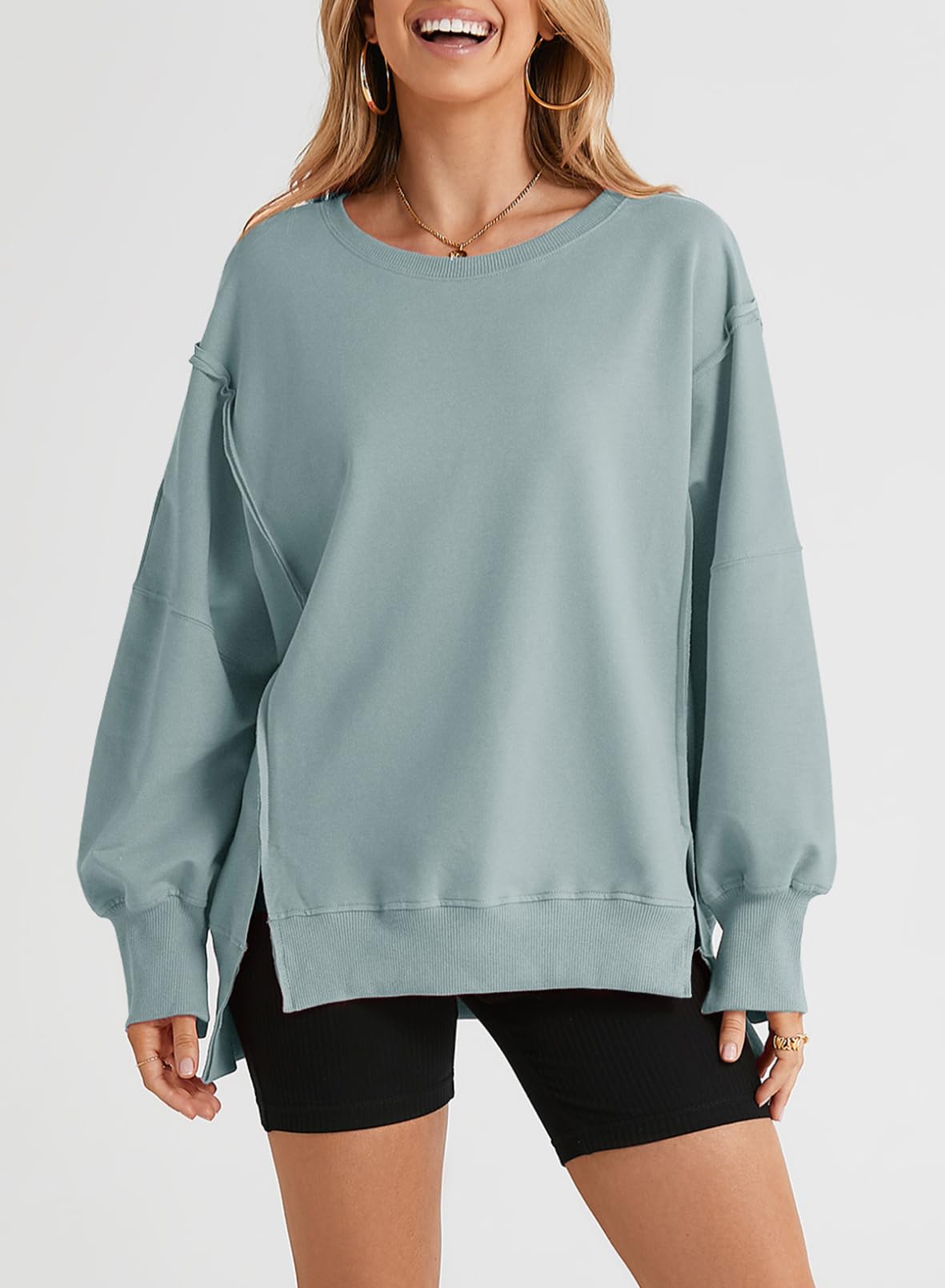 SHEWIN Womens Oversized Reverse Seam Sweatshirt Casual Long Sleeve Crewneck Lightweight Pullover Tops Loose Sweatshirts