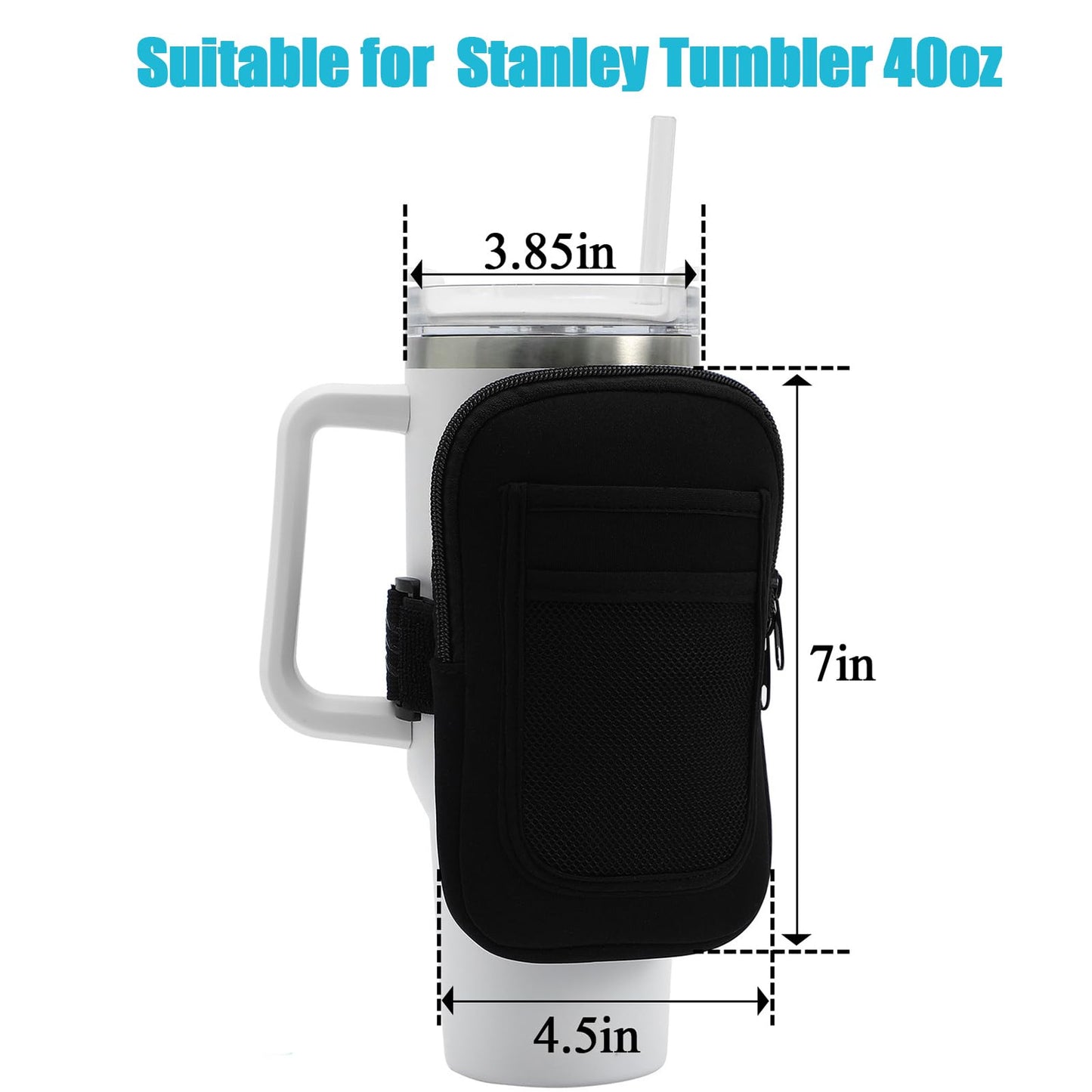 MONOBLANKS Large Water Bottle Pouch for Stanley Tumbler 40oz,Gym Tumbler Cup Accessories for Women Storage Sleeve Pocket for Walking, Running, Sports（Black-Large）