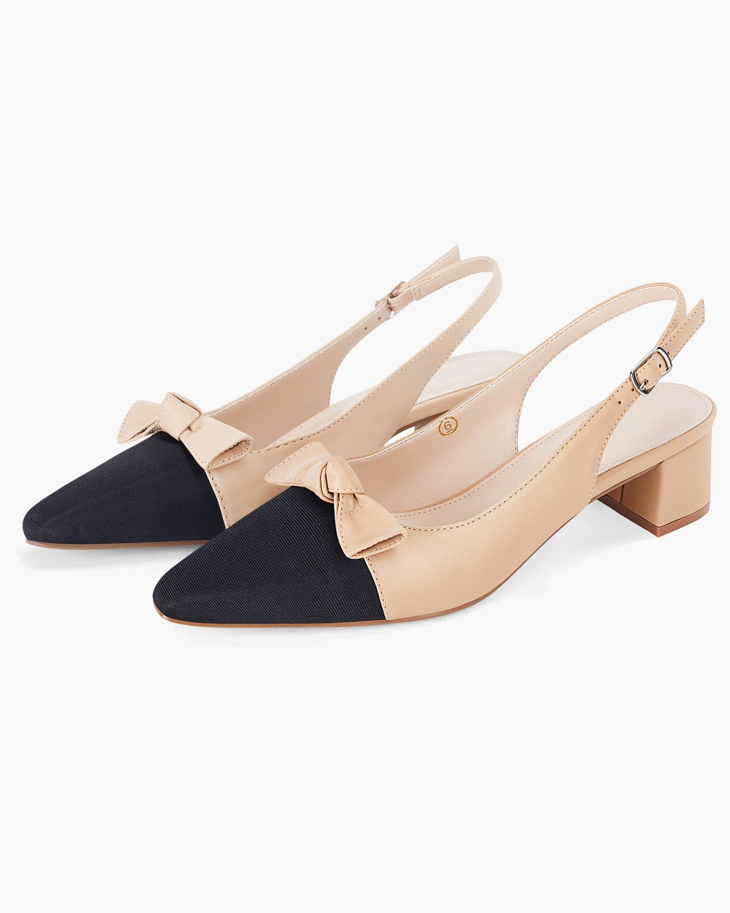 Coutgo Womens Chunky Slingback Bow Heels Low Heel Dress Shoes Pointed Toe Sexy Splicing Casual Wedding Pumps