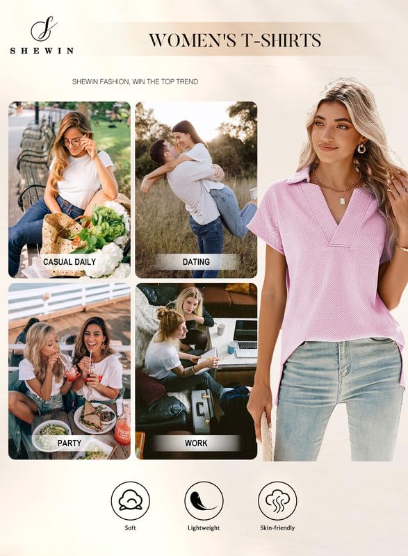 SHEWIN Women's Polo Shirts Casual Collared Short Sleeve Shirt Loose V Neck Tunic Tops