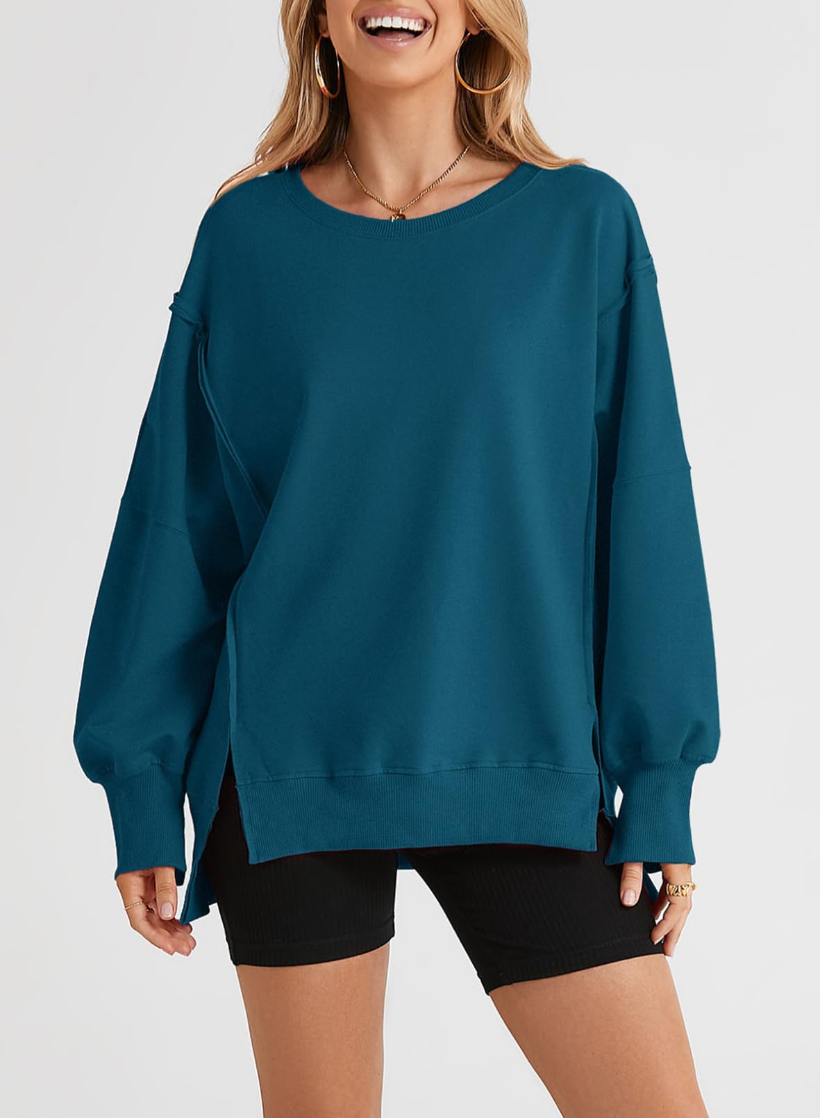SHEWIN Womens Oversized Reverse Seam Sweatshirt Casual Long Sleeve Crewneck Lightweight Pullover Tops Loose Sweatshirts