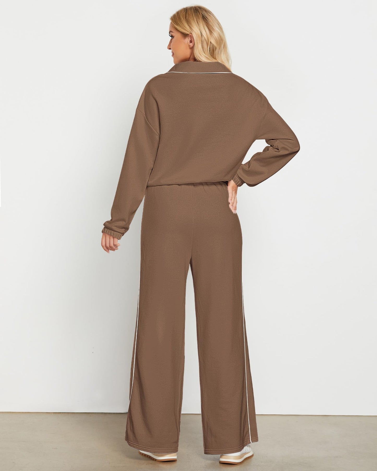 GRAPENT Sweatsuits Two Piece Sets for Women High Wasited Wide Leg Pants Fleece Button Pullover Sweatshirt Lounge Outfits