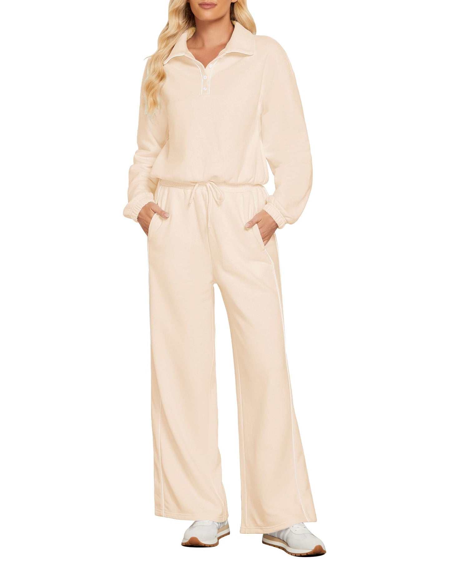 GRAPENT Sweatsuits Two Piece Sets for Women High Wasited Wide Leg Pants Fleece Button Pullover Sweatshirt Lounge Outfits
