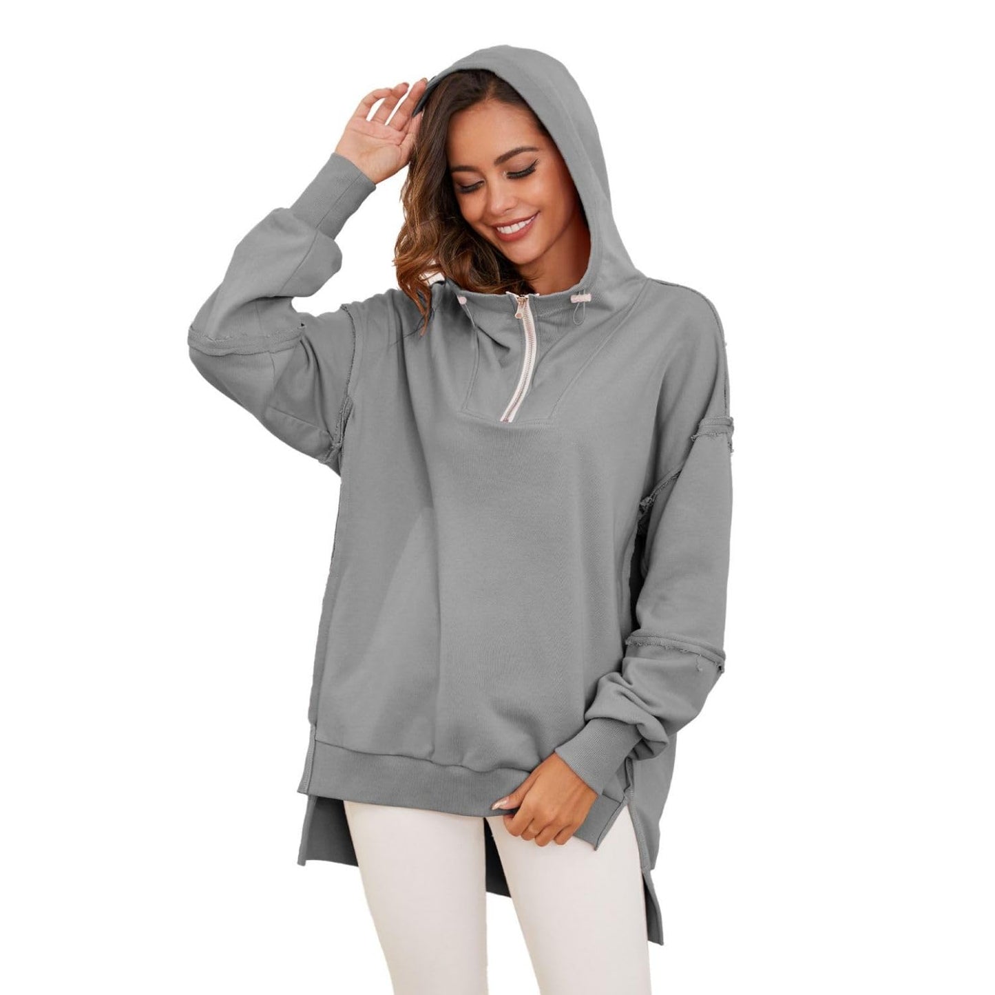 Women’s Quarter Zip Hoodies Long Sleeve Side Slit Sweatshirts Loose Drop Shoulder Drawstring Hooded Pullover Top