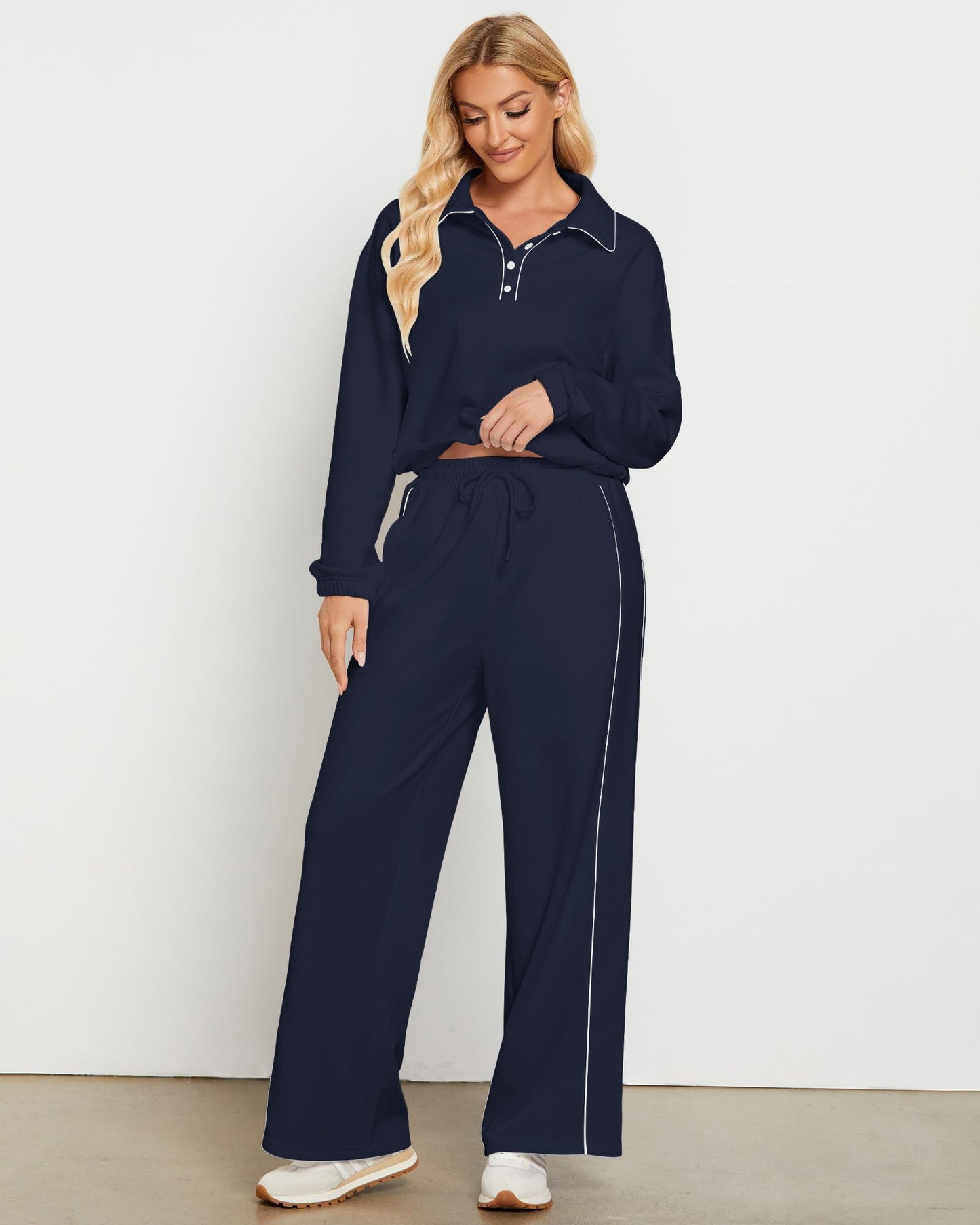 GRAPENT Sweatsuits Two Piece Sets for Women High Wasited Wide Leg Pants Fleece Button Pullover Sweatshirt Lounge Outfits