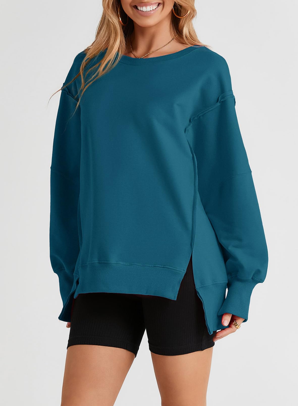 SHEWIN Womens Oversized Reverse Seam Sweatshirt Casual Long Sleeve Crewneck Lightweight Pullover Tops Loose Sweatshirts