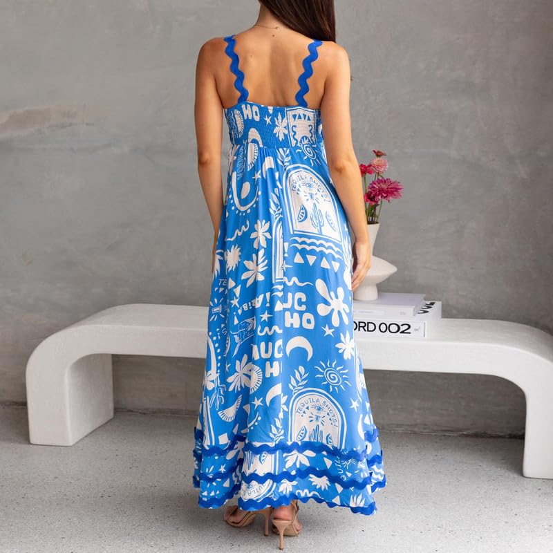 ROAONOCOMO Women Boho Graffiti Cami Long Dress Graphic Spaghetti Strap Flowy Swing Maxi Dress Colorful A Line Sundress