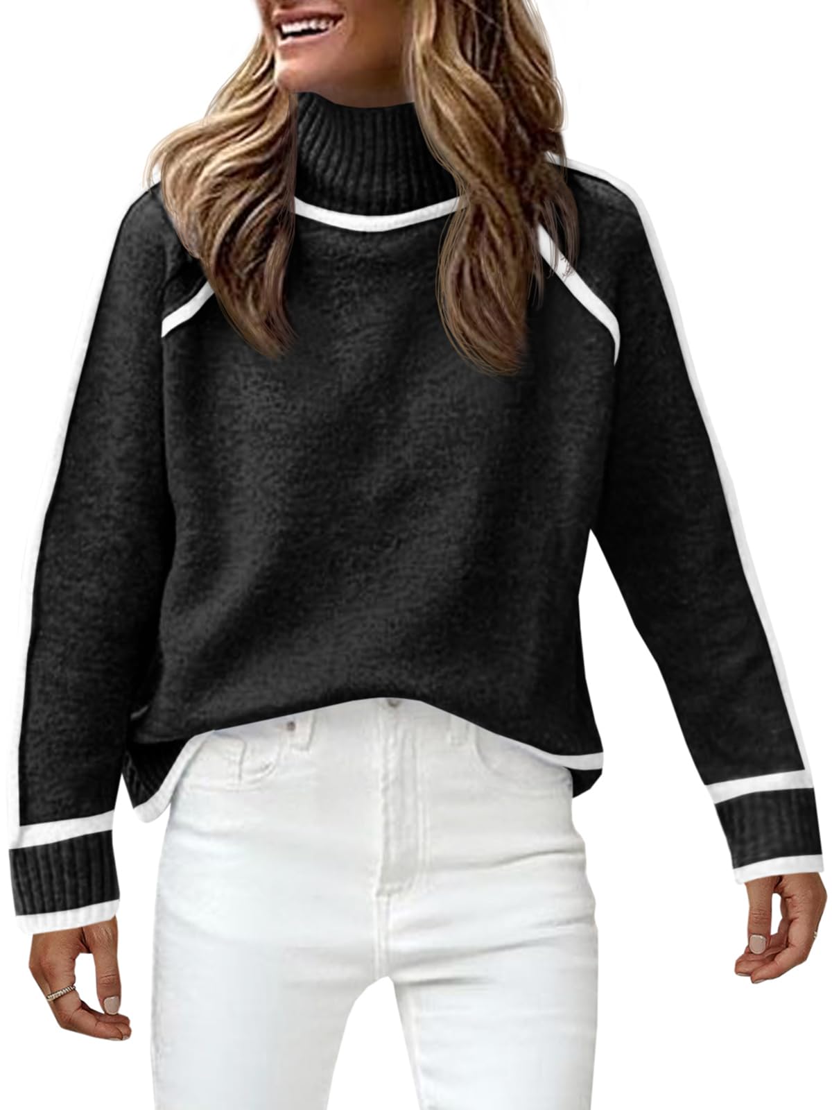 Saodimallsu Womens Turtle Mock Neck Pullover Sweater Color Block 2024 Fall Trendy Casual Knit Loose Long Sleeve Sweaters