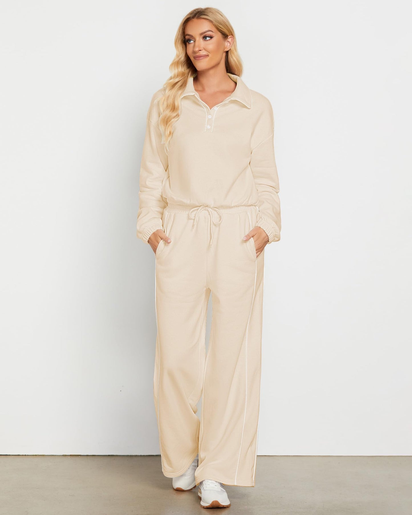 GRAPENT Sweatsuits Two Piece Sets for Women High Wasited Wide Leg Pants Fleece Button Pullover Sweatshirt Lounge Outfits