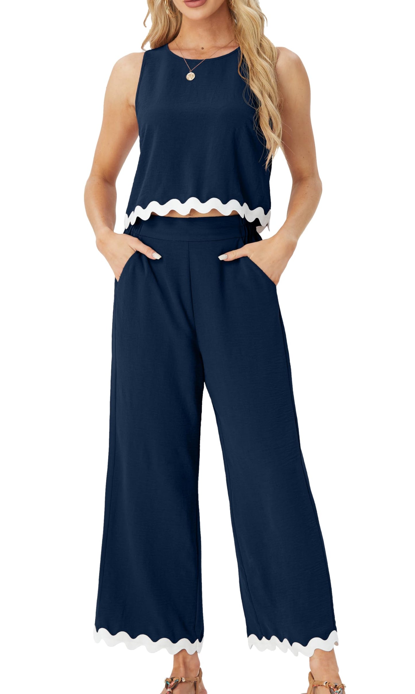 IWOLLENCE Women's Summer 2 Piece Outfits Set Round neck Sleeveless Tank Crop Top Wide Leg pants Set Pockets Jumpsuits