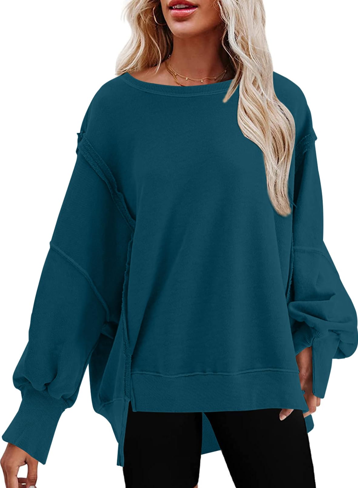 SHEWIN Womens Oversized Reverse Seam Sweatshirt Casual Long Sleeve Crewneck Lightweight Pullover Tops Loose Sweatshirts