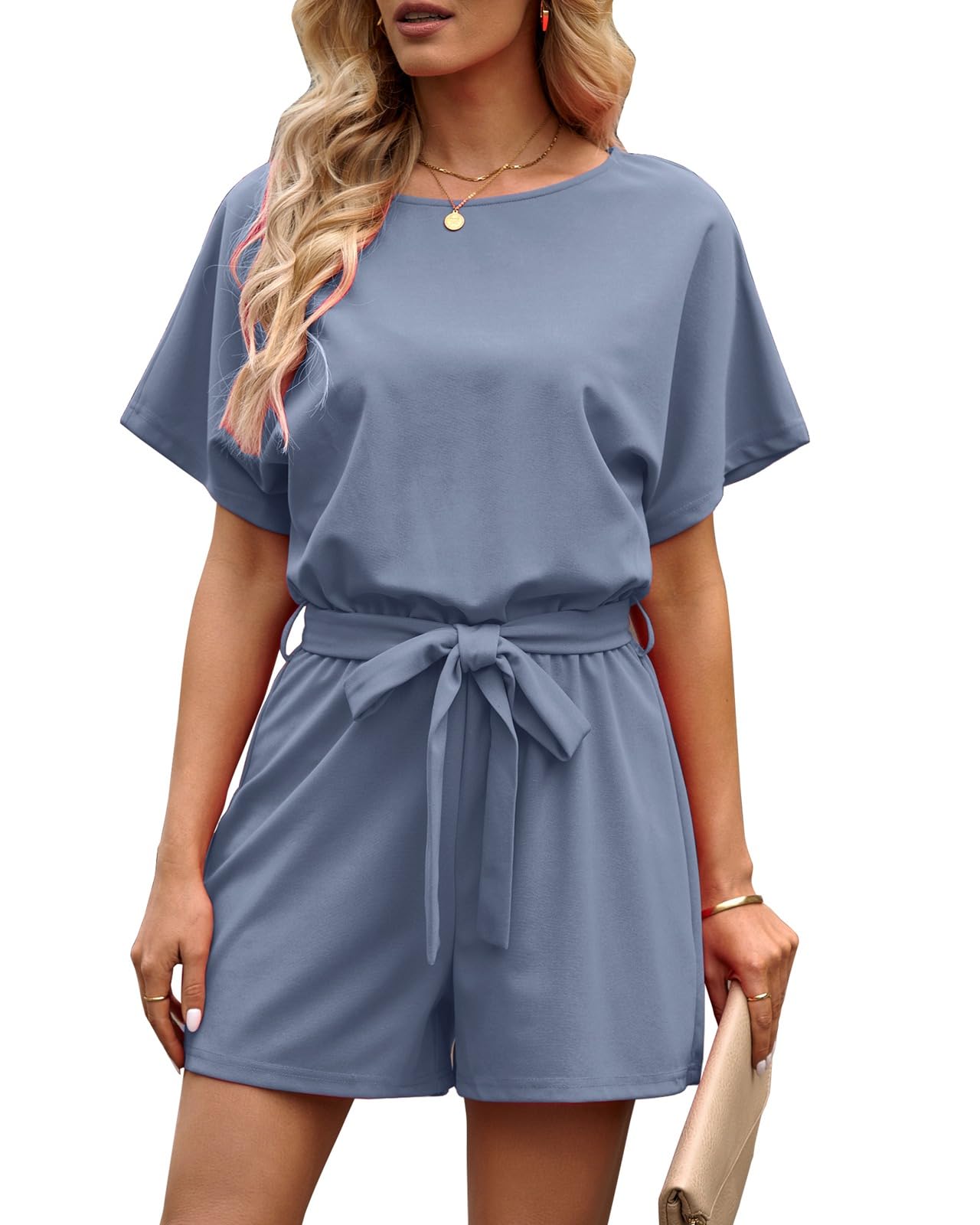 Vetinee Womens Summer Belted Romper Keyhole Back Short Sleeve Jumpsuit Playsuit