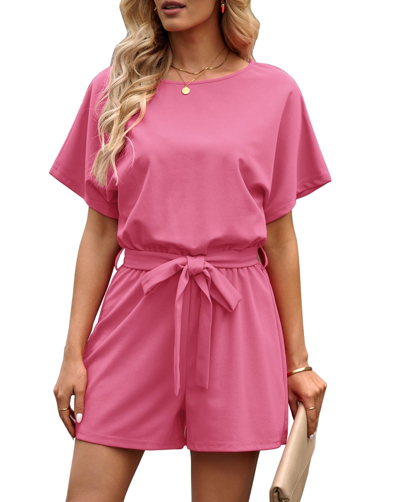 Vetinee Womens Summer Belted Romper Keyhole Back Short Sleeve Jumpsuit Playsuit