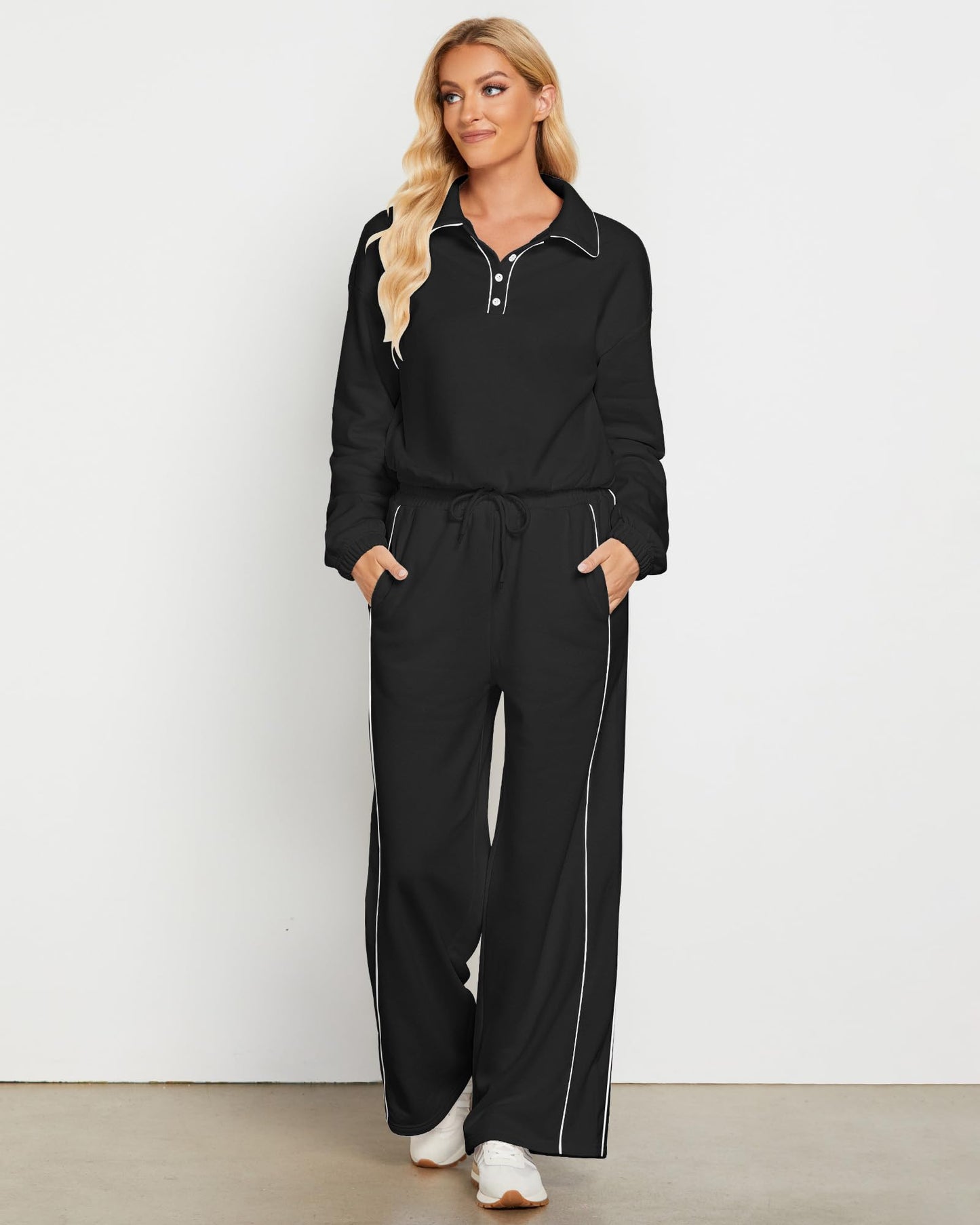 GRAPENT Sweatsuits Two Piece Sets for Women High Wasited Wide Leg Pants Fleece Button Pullover Sweatshirt Lounge Outfits