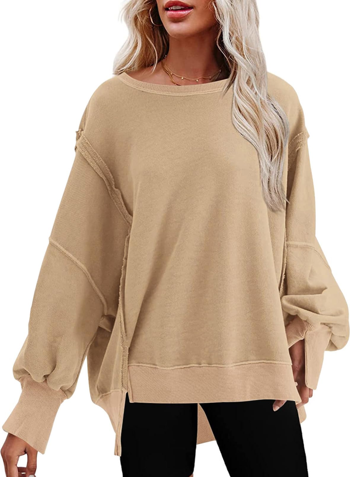 SHEWIN Womens Oversized Reverse Seam Sweatshirt Casual Long Sleeve Crewneck Lightweight Pullover Tops Loose Sweatshirts