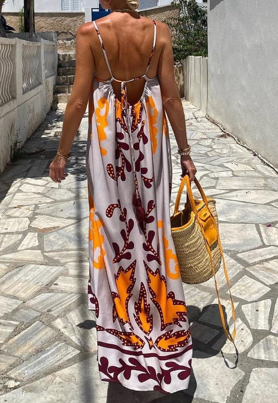 ROAONOCOMO Women Boho Graffiti Cami Long Dress Graphic Spaghetti Strap Flowy Swing Maxi Dress Colorful A Line Sundress