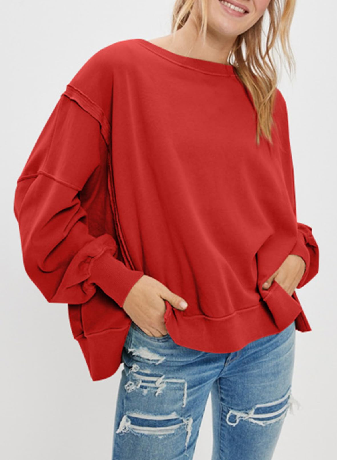 SHEWIN Womens Oversized Reverse Seam Sweatshirt Casual Long Sleeve Crewneck Lightweight Pullover Tops Loose Sweatshirts
