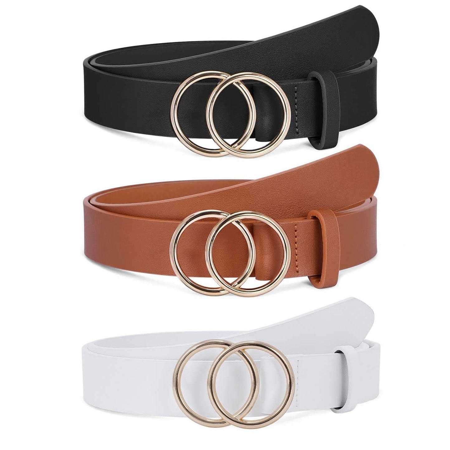 SANSTHS 2 Pack Women Leather Belts Faux Leather Jeans Belt with Double O-Ring Buckle Size up to 58 inch