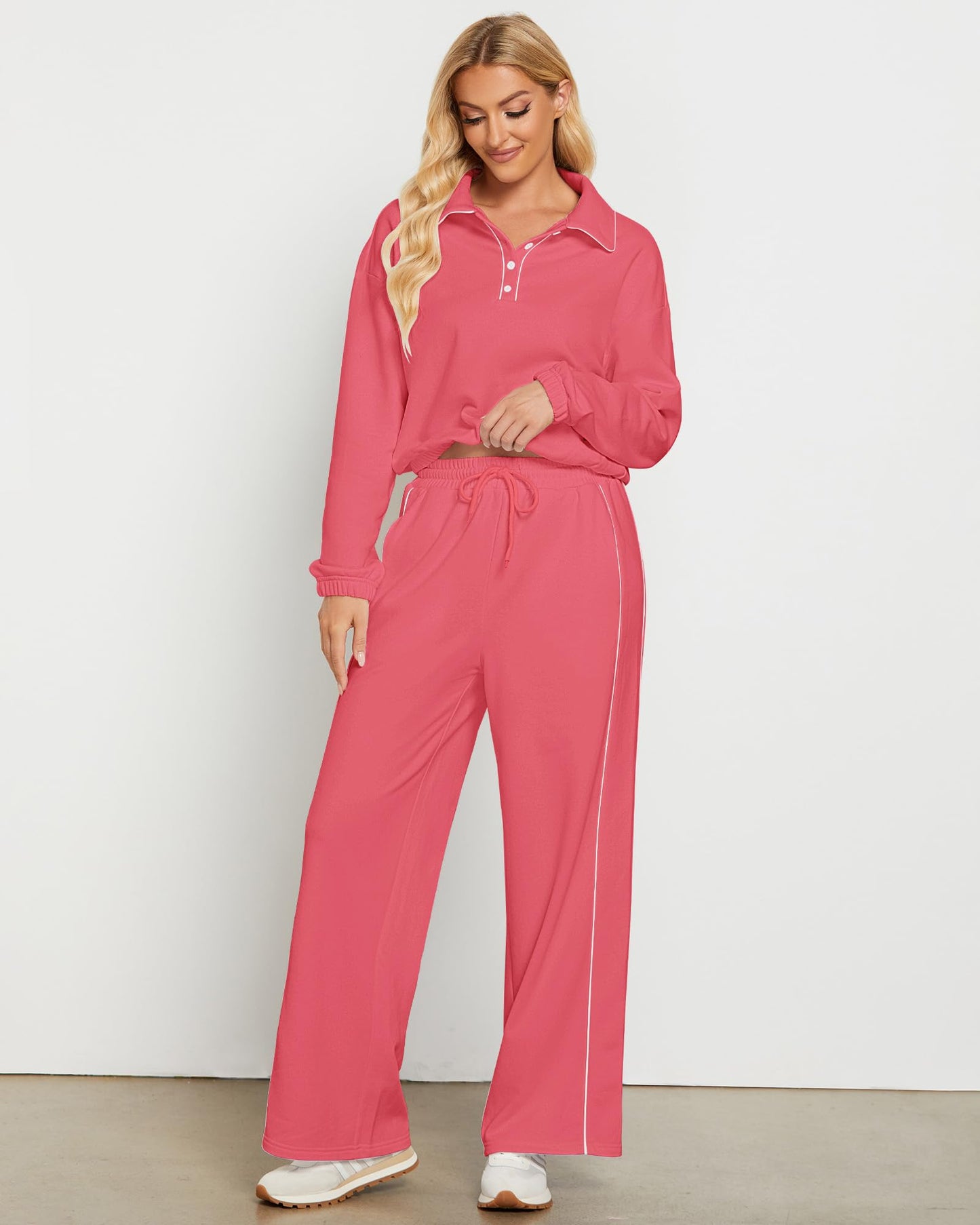 GRAPENT Sweatsuits Two Piece Sets for Women High Wasited Wide Leg Pants Fleece Button Pullover Sweatshirt Lounge Outfits