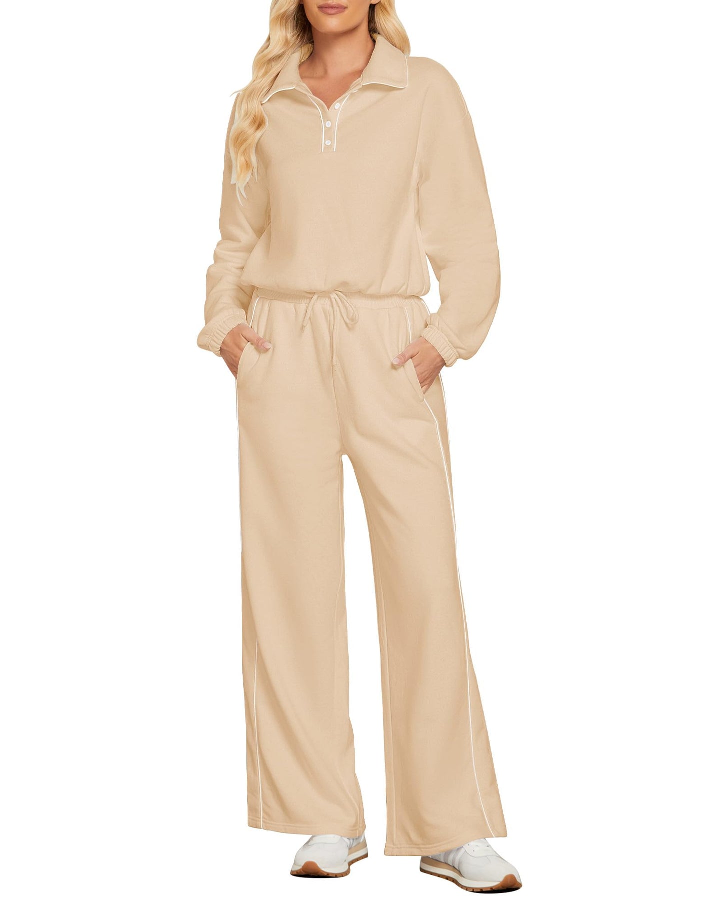 GRAPENT Sweatsuits Two Piece Sets for Women High Wasited Wide Leg Pants Fleece Button Pullover Sweatshirt Lounge Outfits