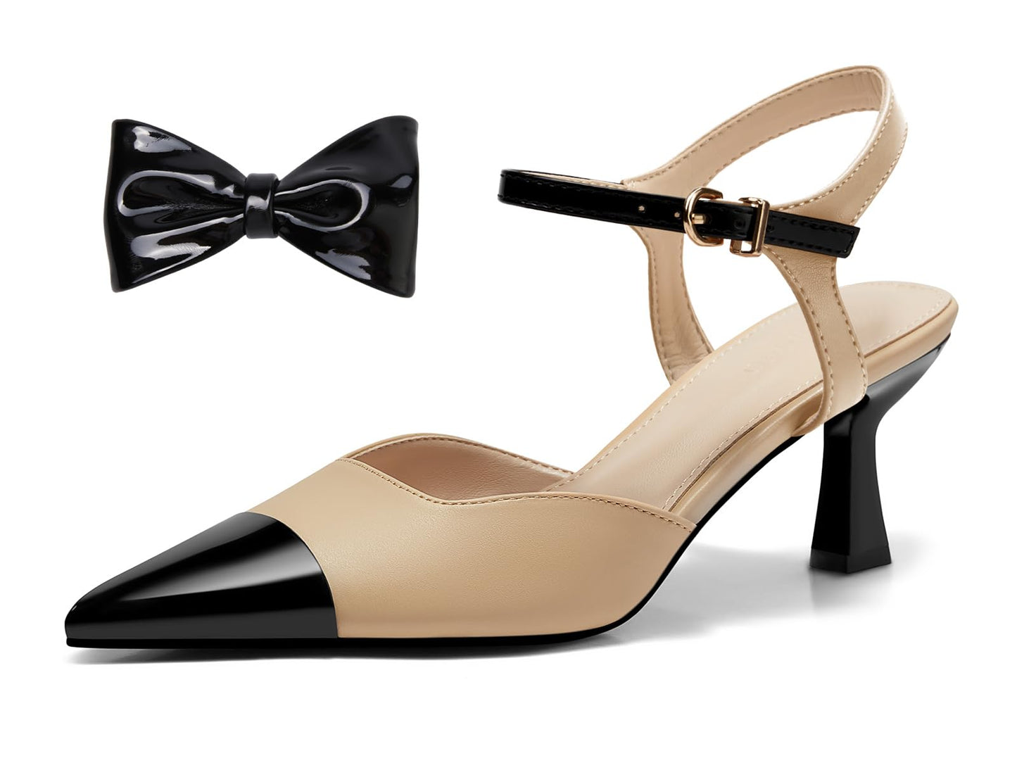 Coutgo Womens Kitten Heels Dress Shoes Closed Pointed Toe Ankle Strap Bow Pumps