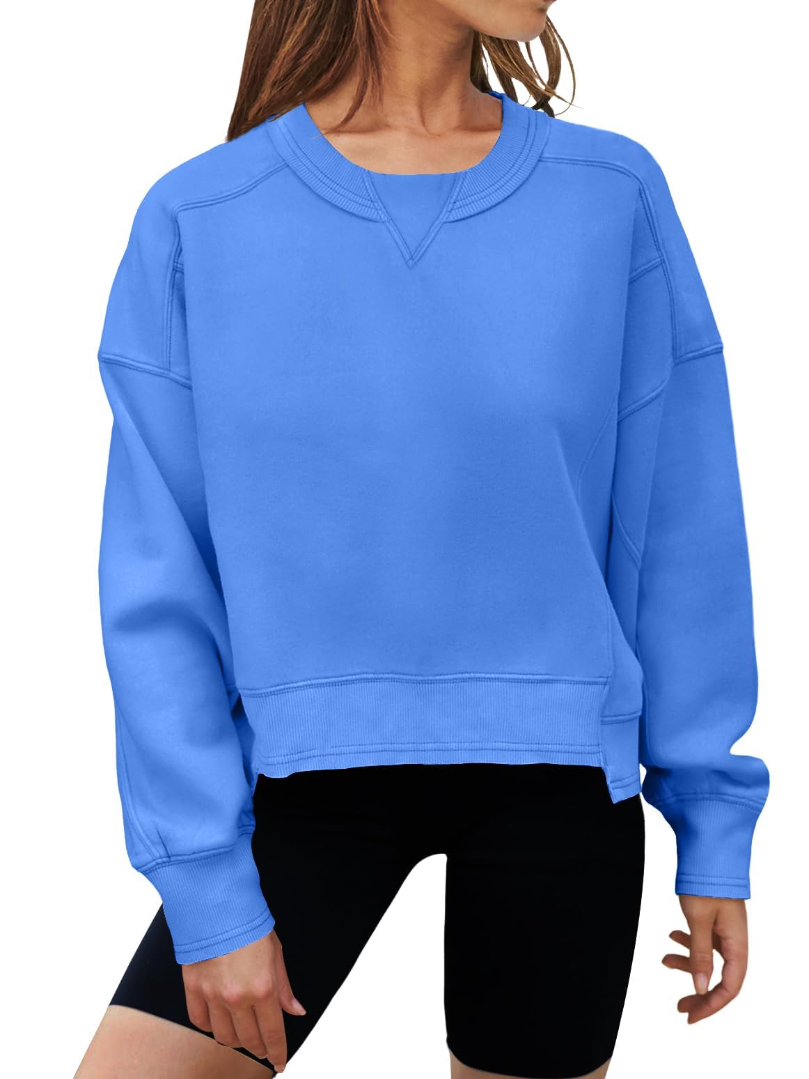 MEROKEETY Women's Oversized Cropped Sweatshirts Crewneck Fleece Workout Pullover Sweater Fall Outfits