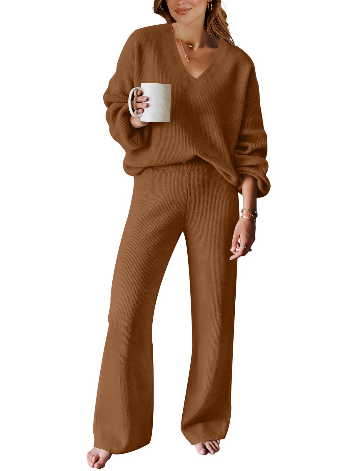 ANRABESS Women 2 Piece Outfits Sweater Lounge Sets Long Sleeve Cable Knit Pullover and Wide Leg Pants Tracksuit Matching Set