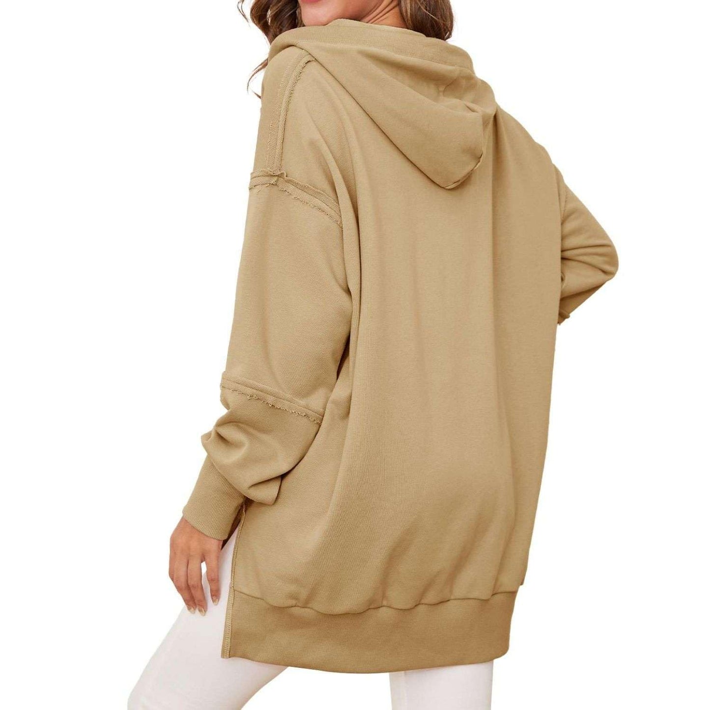 Women’s Quarter Zip Hoodies Long Sleeve Side Slit Sweatshirts Loose Drop Shoulder Drawstring Hooded Pullover Top