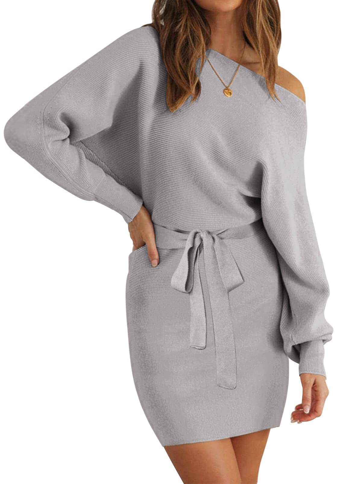 MEROKEETY Women's Off Shoulder Batwing Sleeve Sweater Dress Ribbed Knit Bodycon Mini Dresses with Belt