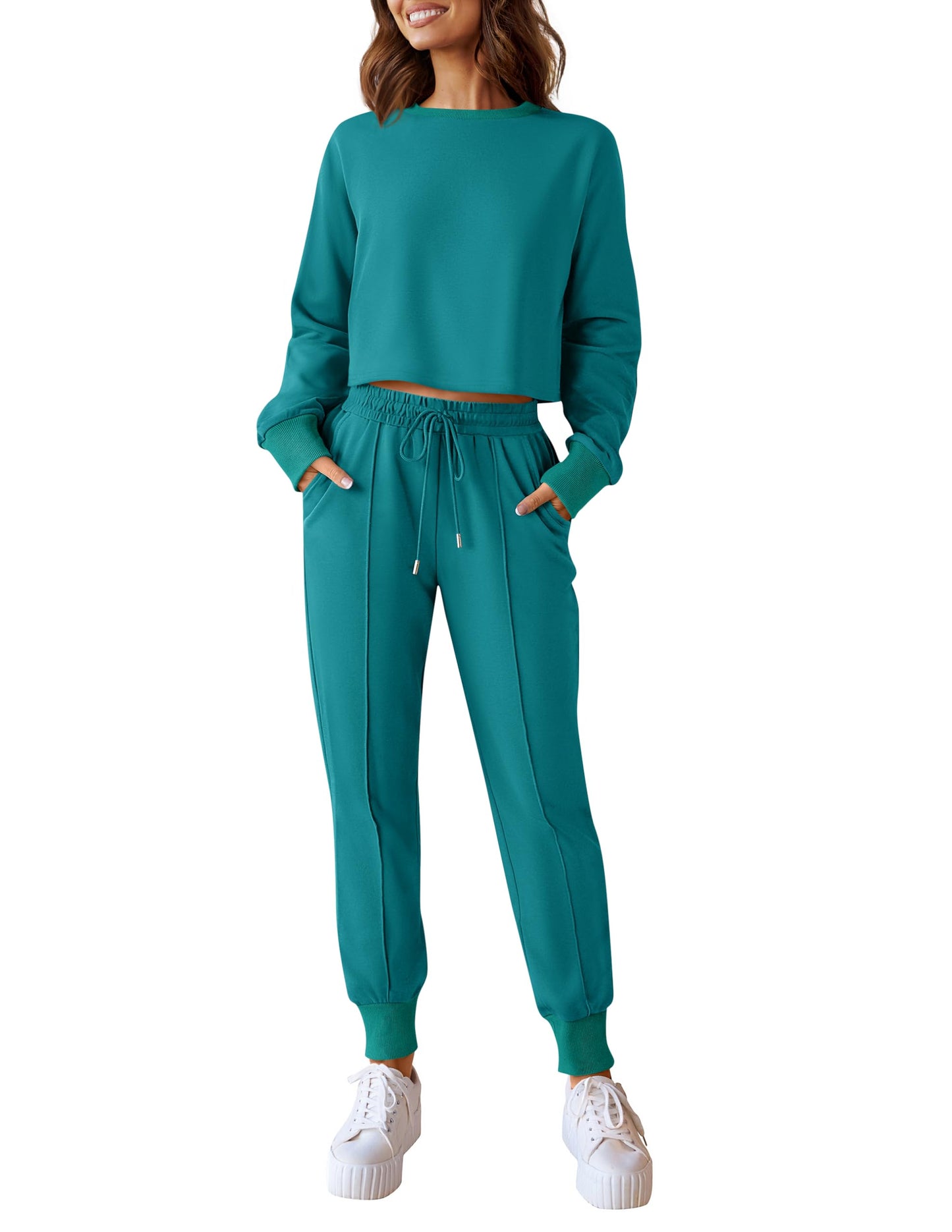 ZESICA Women's Long Sleeve Crop Top and Pants Pajama Sets 2 Piece Jogger Long Sleepwear Loungewear Pjs Sets