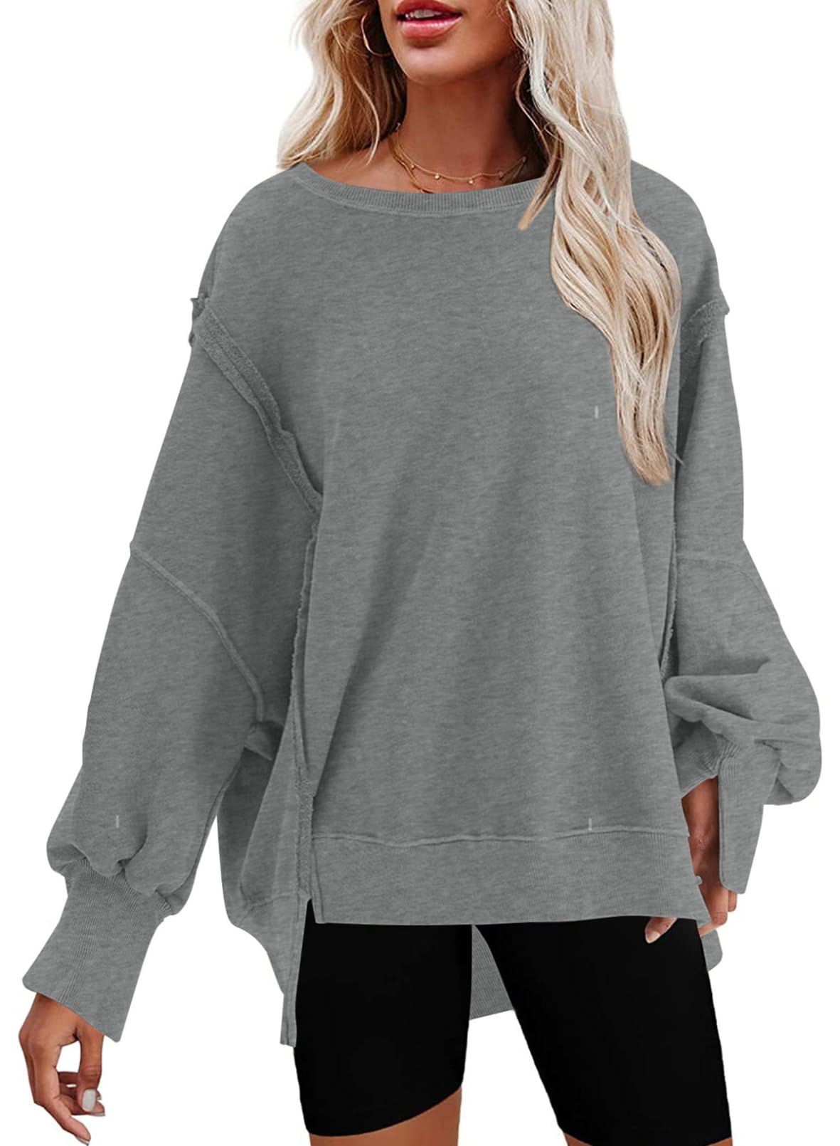 SHEWIN Womens Oversized Reverse Seam Sweatshirt Casual Long Sleeve Crewneck Lightweight Pullover Tops Loose Sweatshirts