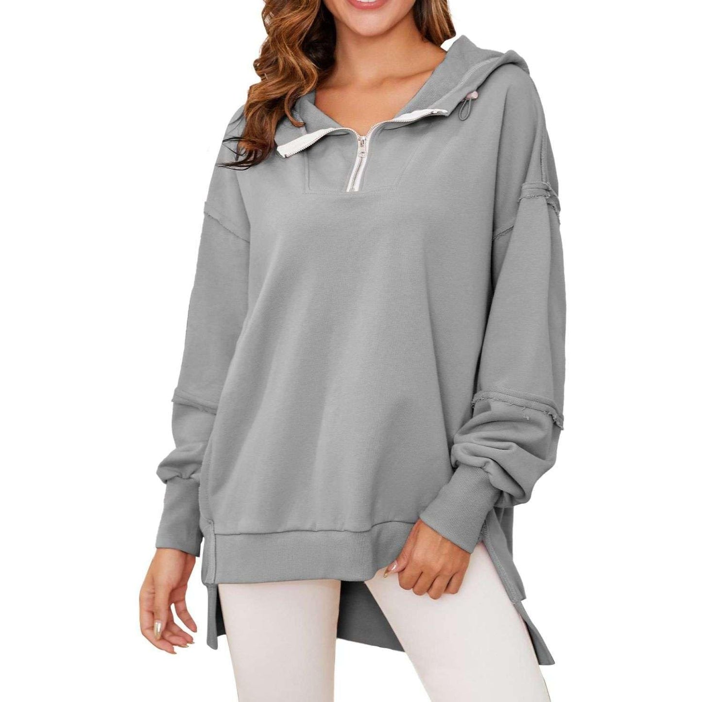 Women’s Quarter Zip Hoodies Long Sleeve Side Slit Sweatshirts Loose Drop Shoulder Drawstring Hooded Pullover Top