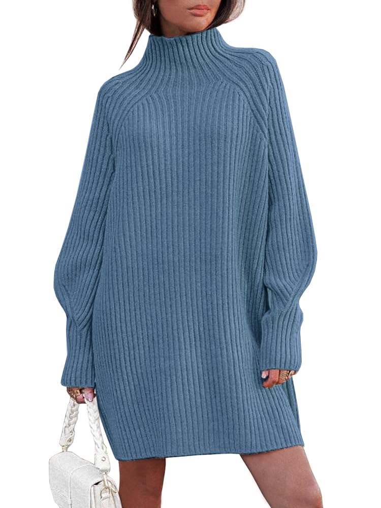 LILLUSORY Mock Neck Sweater Dress for Women Long Lantern Sleeve Oversized 2024 Fall Trendy Dress Ribbed Knit Sweater