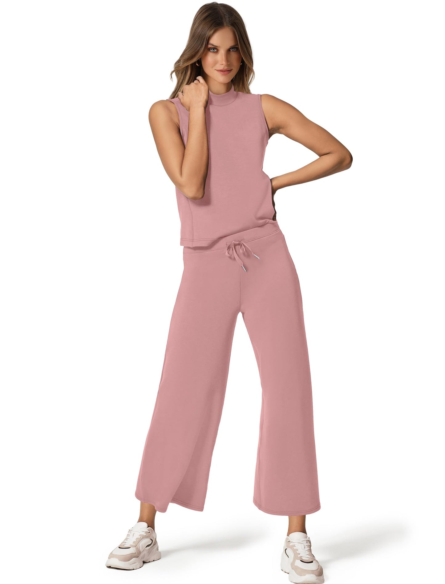 SAMPEEL Matching Sets Women Clothing 2 Piece Sets Summer Casual Mock Neck Lounge Sets Sleeveless Wide Leg Pants Vacation Outfits Sweat Set Pink M