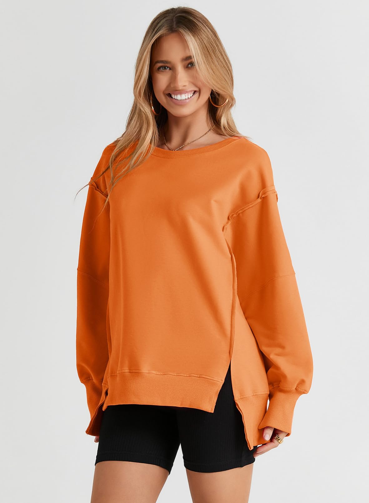 SHEWIN Womens Oversized Reverse Seam Sweatshirt Casual Long Sleeve Crewneck Lightweight Pullover Tops Loose Sweatshirts
