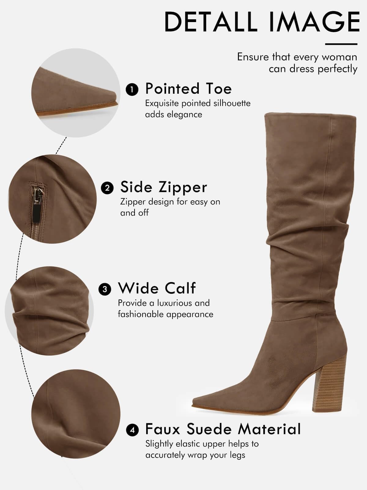 PiePieBuy Womens Faux Suede Knee High Boots Pointed Toe High Chunky Heel Side Zipper Party Dress Booties