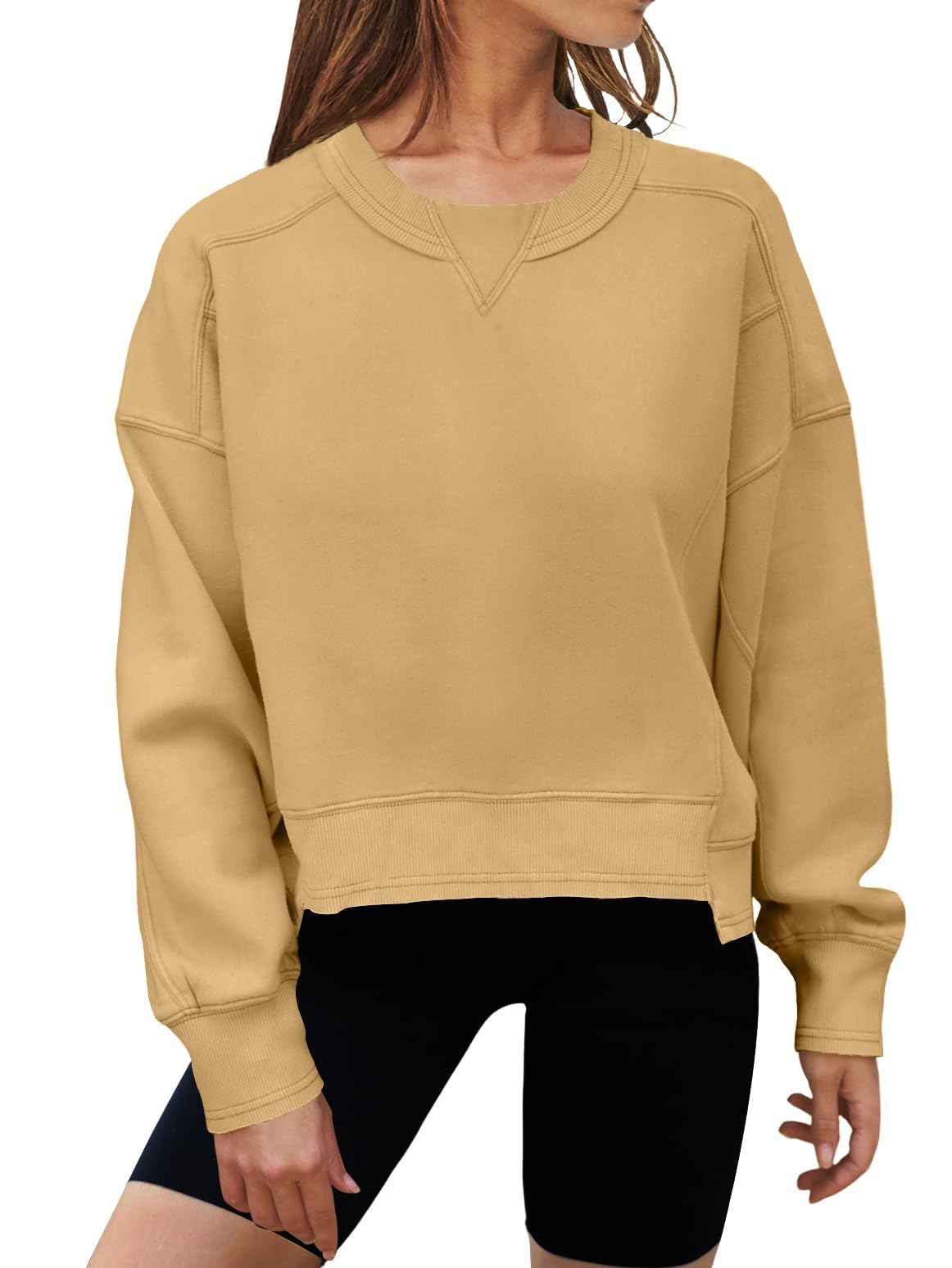 MEROKEETY Women's Oversized Cropped Sweatshirts Crewneck Fleece Workout Pullover Sweater Fall Outfits