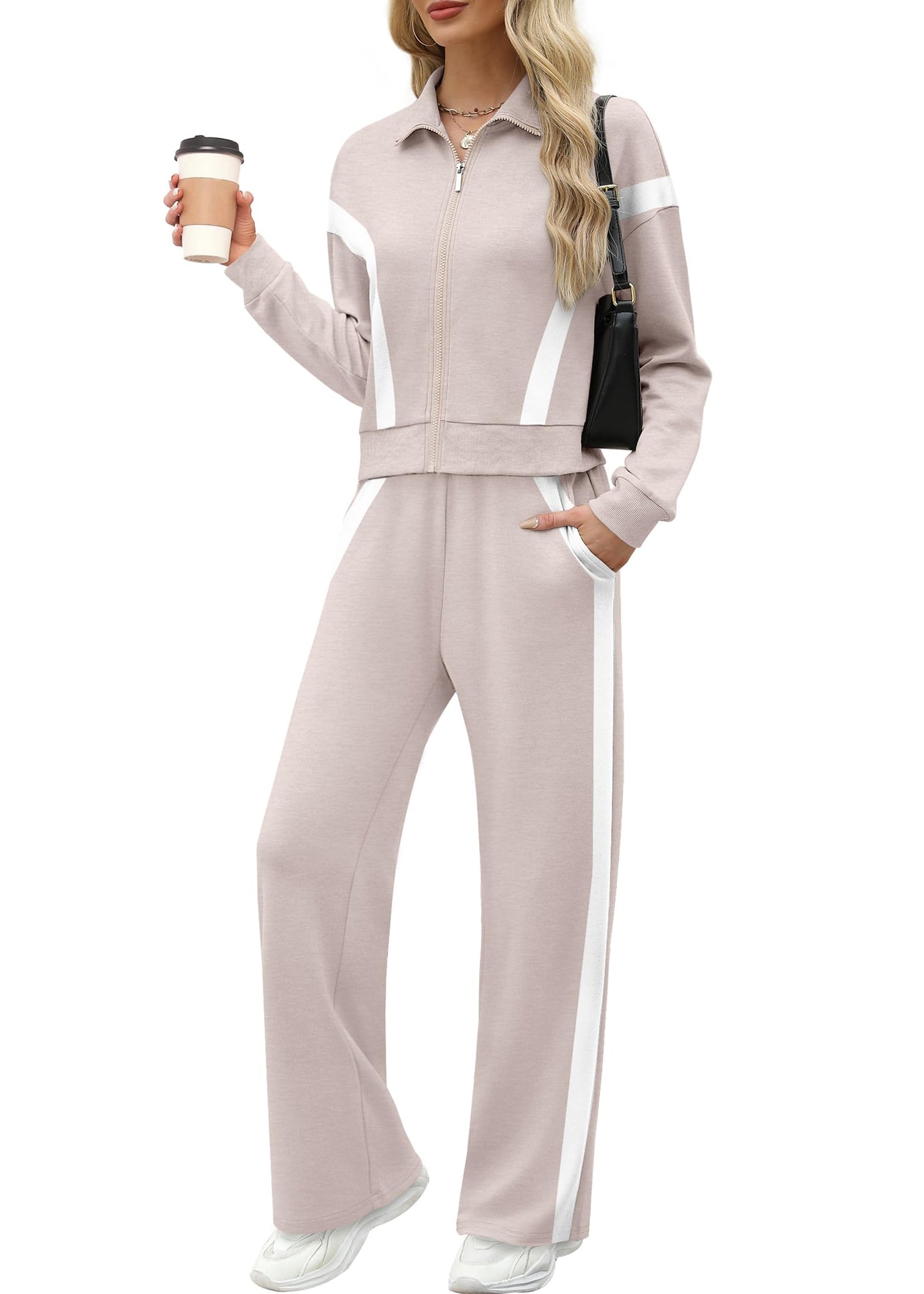 XIEERDUO Lounge Sets for Women 2024 Sweatsuit 2 Piece Outfits Sweatshirt Wide Leg Sweatpant Tracksuit Matching Set