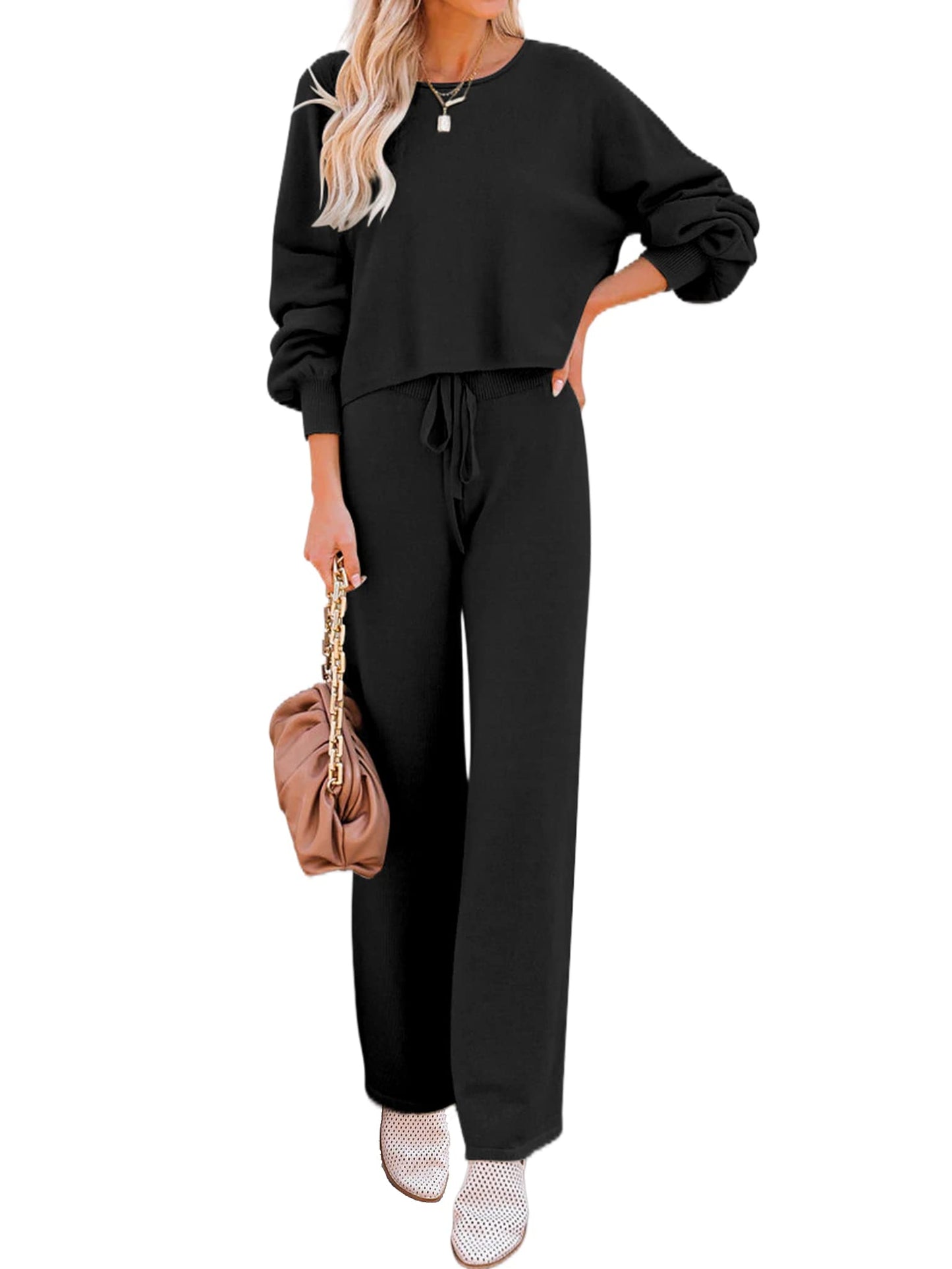 Ekouaer Knit Lounge Sets for Women 2 Piece Cozy Long Sleeve Pullover Sweater Top and Wide Leg Pants Set Pajamas Outfits