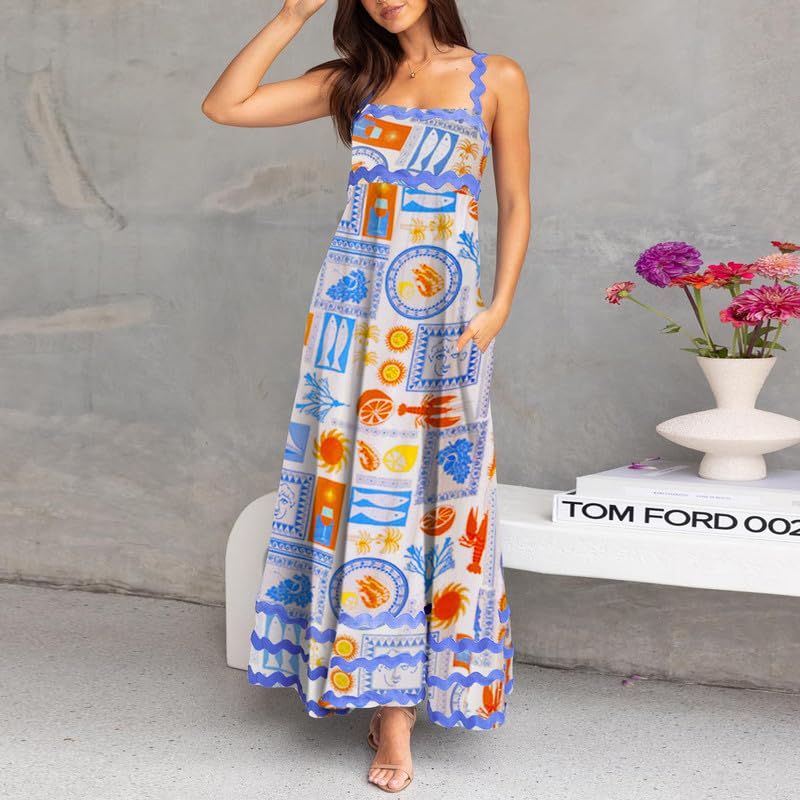 ROAONOCOMO Women Boho Graffiti Cami Long Dress Graphic Spaghetti Strap Flowy Swing Maxi Dress Colorful A Line Sundress