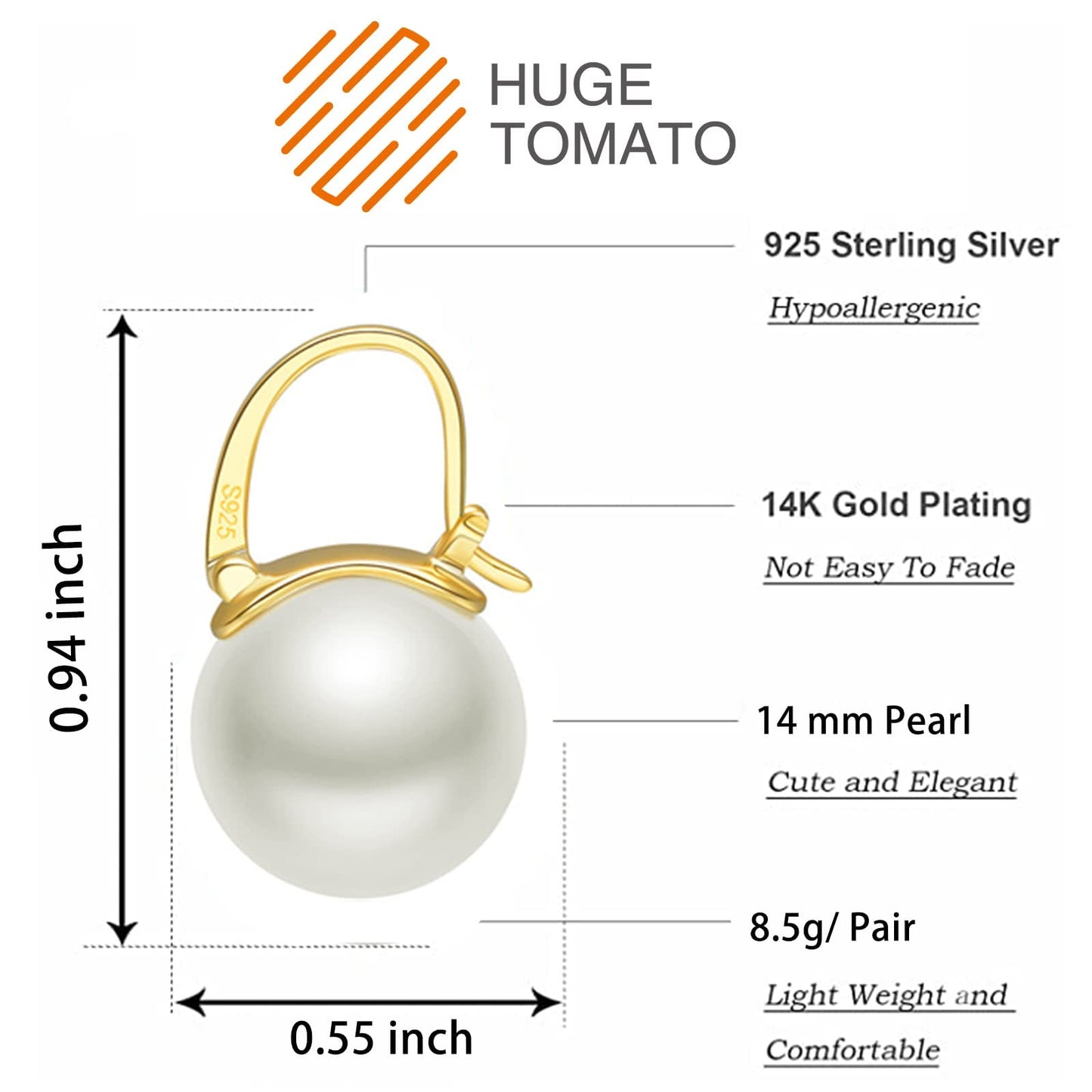 Pearl Earrings for Women Trendy, 14mm 925 Sterling Silver Pearl Drop Earrings Fashion, 18K Gold Plated Hypoallergenic Large Shell Pearl Hoop Earring Dangle Jewelry for Wedding Gift