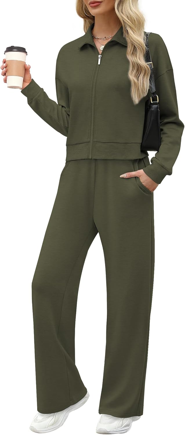 XIEERDUO Lounge Sets for Women 2024 Sweatsuit 2 Piece Outfits Sweatshirt Wide Leg Sweatpant Tracksuit Matching Set