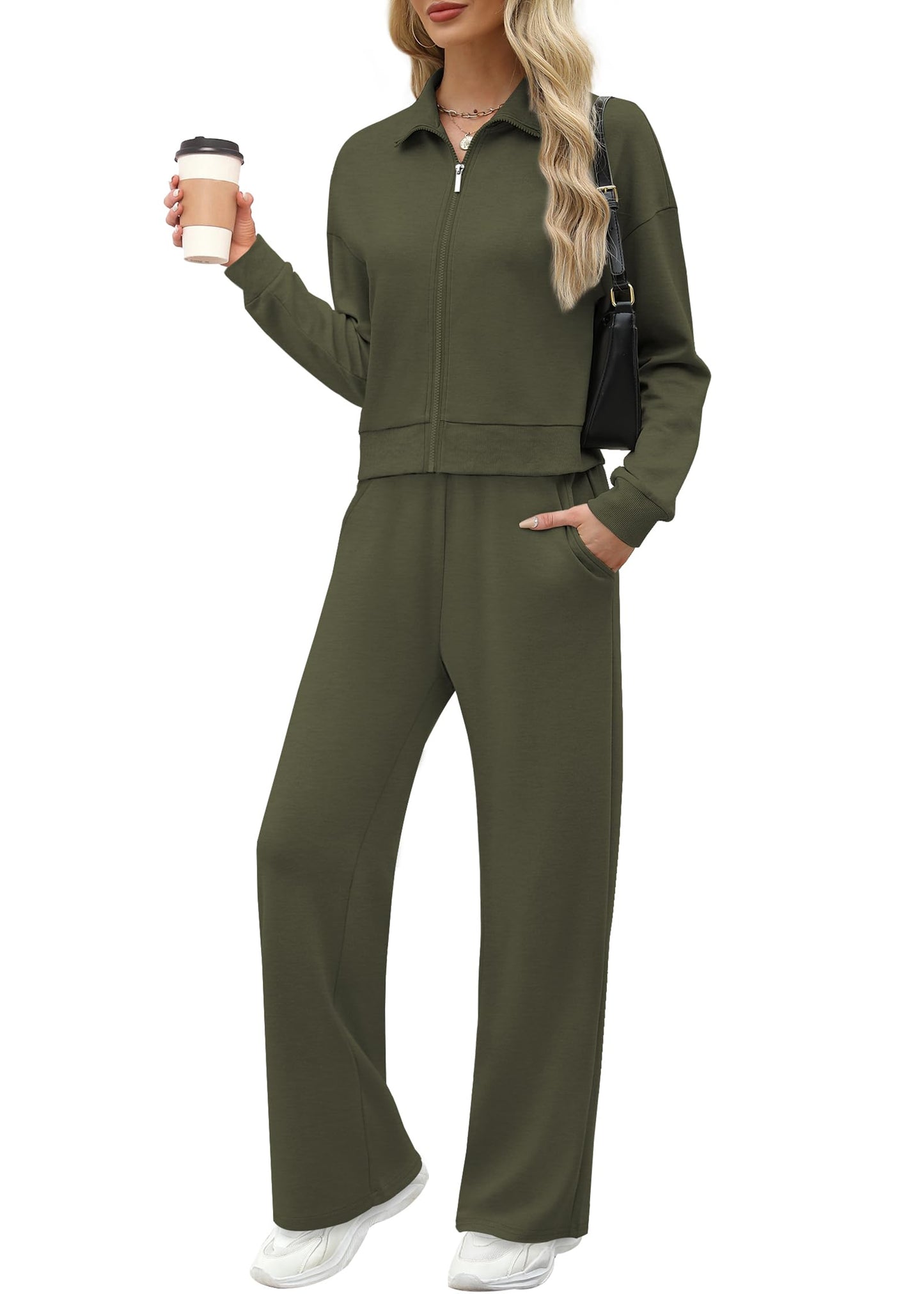 XIEERDUO Lounge Sets for Women 2024 Sweatsuit 2 Piece Outfits Sweatshirt Wide Leg Sweatpant Tracksuit Matching Set